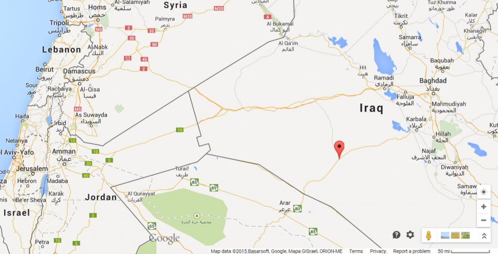 Reuters reports the location of the attack as near the Suweif border station, about 40 km from Arar, Saudi Arabia and 80 km from al-Nukhayb, Iraq (marked by red pin).