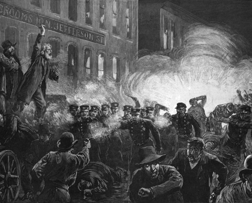 Graphic of the Haymarket Riot from Harpers Weekly