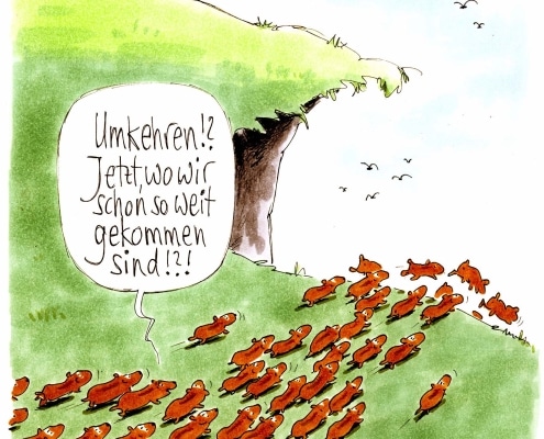 Lemmings running off a cliff. Caption translates as Turn back? After we've come so far?